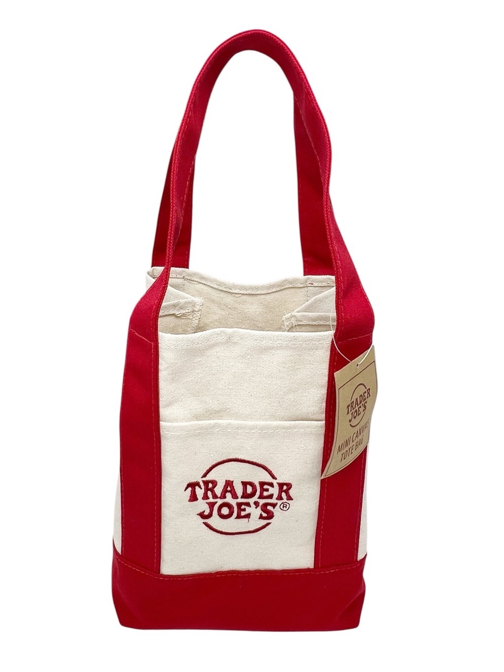 Trader Joe's Red & Natural Cotton Canvas Mini Tote Bag Viral Embroidered New NWT